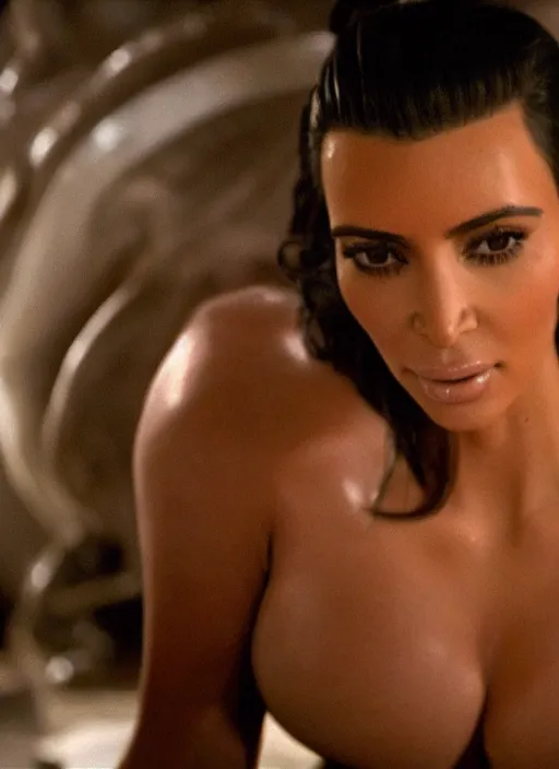 Image similar to movie still of kim kardashian swallowed by alien face hugger, in the movie alien. cinematic full shot.