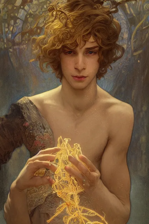 Prompt: young male magician, golden hair, 1920, fantasy, intricate, highly detailed, digital painting, artstation, concept art, smooth, sharp focus, art by Artem Demura and Alphonse Mucha, ArtGerm, Valentina Remenar, Gaston Bussiere, Cedric Peyravernay