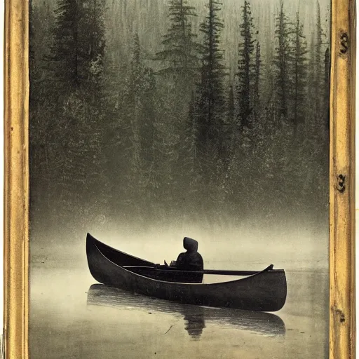 Prompt: hunter sitting in a canoe, alone in the wilderness, foggy, misty morning, early spring, boreal forest, 19th century