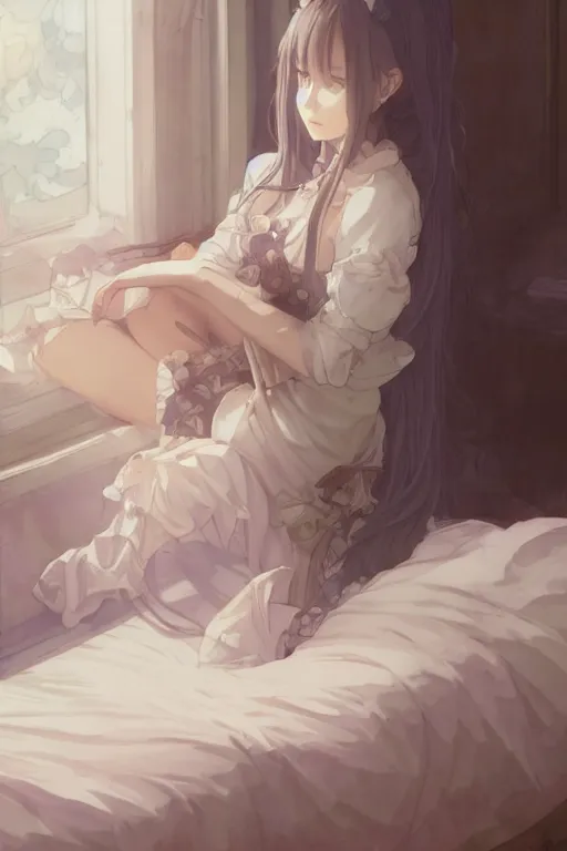 Image similar to a girl in a maid's outfit in the bedroom a night, raining outside the window, wavy white long hair, by krenz cushart and mucha and akihito yoshida and greg rutkowski and makoto shinkai and rei _ 1 7, detailed eyes, 4 k resolution