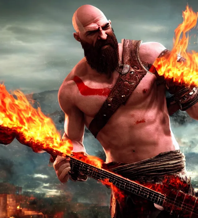Prompt: kratos shredding on a flaming stratocaster guitar, cinematic render, god of war 2 0 1 8, santa monica studio official media, lightning, stripe over eye