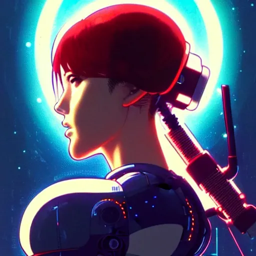 Image similar to side portrait scifi cyborg girl with robotic parts and spacesuit | | head only in center of image, audrey plaza, fine detail!! anime!! realistic shaded lighting!! poster by ilya kuvshinov katsuhiro otomo ghost - in - the - shell, magali villeneuve, artgerm, jeremy lipkin and michael garmash and rob rey