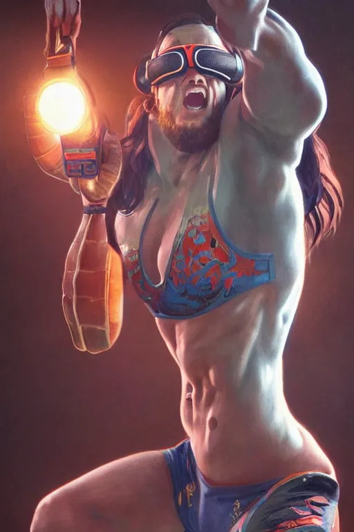 Image similar to painting of a wrestler character wearing vr goggles, shrugging arms, ultra realistic, sharp details, subsurface scattering, intricate details, warm lighting, beautiful features, highly detailed, photorealistic, octane render, 8 k, unreal engine, art by artgerm and greg rutkowski and alphonse mucha