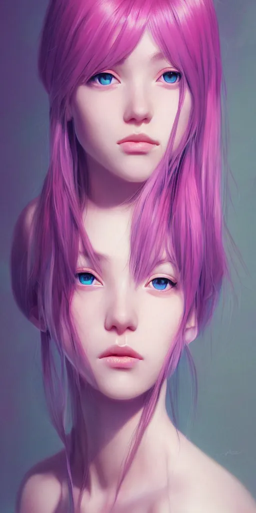 Image similar to one beautiful girl with pink and blue dyed hair, realistic female portrait, highly detailed, by ilya kuvshinov andmakoto shinkai, photorealistic