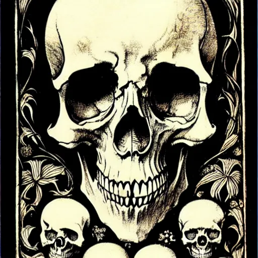 Image similar to memento mori by arthur rackham, detailed, art nouveau, gothic, ornately ornamented beautiful skull, intricately carved antique bone, skulls, botanicals, horizontal symmetry