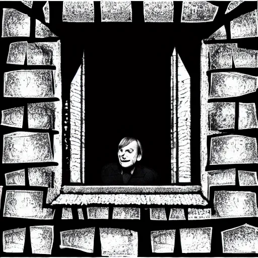 Image similar to mark e smith lurking in a dark scary castle, light shining through bars in the window