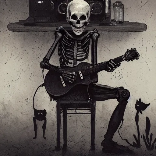 Image similar to skeleton wearing headphones, watching girl playing guitar while her black cat standing next to her, detailed intricate ink illustration, dark atmosphere, detailed illustration, hd, 4k, digital art, overdetailed art, by greg rutkowski, by loish, complementing colors, Trending on artstation