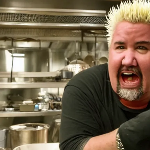 Prompt: guy fieri, mixed with an eldritch horror monster, with tentacles, in a restaurant kitchen, film still from the movie directed by denis villeneuve with art direction by salvador dali