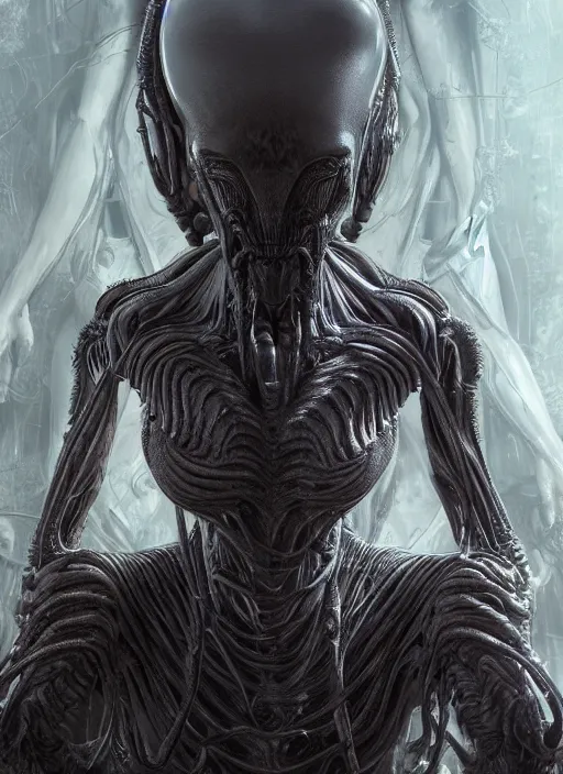 Image similar to an organic anatomical portrait of sigourney weaver blended with a xenomorphic alien queen, twisting organic tendrils, haze, highly detailed, hyper real, futuristic, volumetric interior lighting, artstation, unreal engine render 8 k greg rutkowski, hr giger