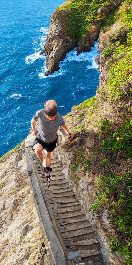 Image similar to a physically fit man climbing steep stairs toward a beautiful storybook castle on a high cliff overlooking the ocean