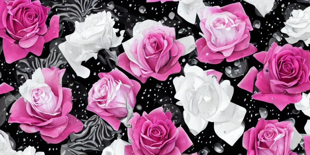 Image similar to magic invisible blade slicing through a bouquet of black and white and pink roses, flowers exploding and spraying, big puffy clouds, sharp rain, large rose petals, lotus petals, large polygonal background elements, large polygons, dramatic anime, dramatic lighting, artgerm, manga, trending on artstation, art nouveau, mature colors