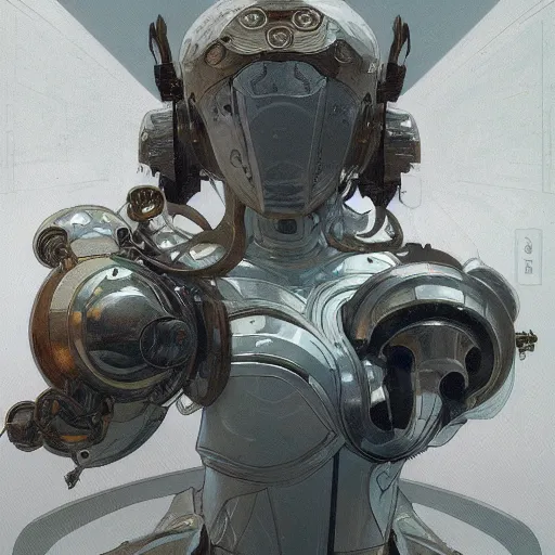 Prompt: White full body metallic mechanical armour, sci-fi art by alphonse mucha and greg rutkowski, highly detailed, digital painting, concept art, illustration, dim lighting, trending on artstation, very detailed, smooth, sharp focus, octane render