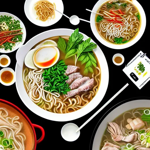 Prompt: flatlay realistic photo of delicious pho, ramen, aesthetic table cloth, highly detailed, by marc haydon, kailee mandel, masterpiece, 8 k hd, award winning, artstation,