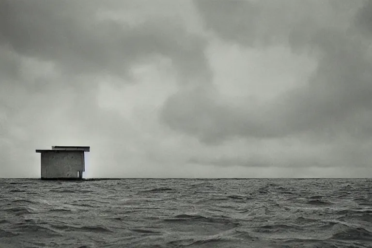 Image similar to high key lighting, danila tkachenko, photograph of an abandonet soviet building bloc in the middle of the ocean, lighting storm,