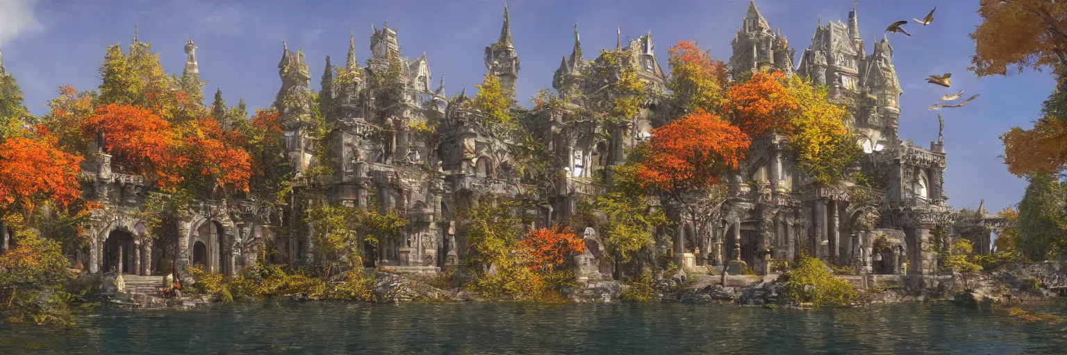 Prompt: entrance of a fabulous marble and gold castle in the sun, surrounded with mystical gardens, magic clear water, luxurious airships, birds for scale, autumn, james gurney, unreal engine, artstation