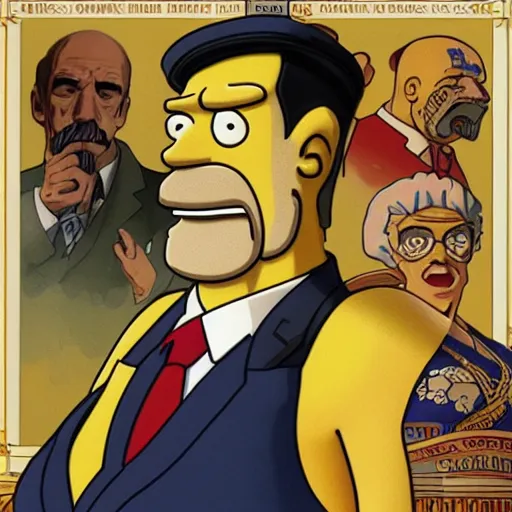 Image similar to [Homer Simpson as the president of France as GTA character, propaganda, closeup, D&D, intricate, elegant, highly detailed, digital painting, artstation, concept art, matte, sharp focus, illustration, art by Artgerm and Greg Rutkowski and Alphonse Mucha and Enki Bilal]