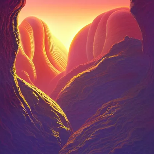 Prompt: a retro futuristic travel poster of a vast psychedelic alien canyon, by albert bierstadt, by steve thomas, by vladimir kush, retrofuture, rendered in octane, cellshaded, sci - fi, landscape, volumetric lighting, poster art