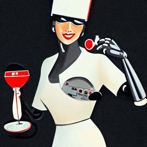 Prompt: retrofuturistic, futuristic style, robot maid serving a drink