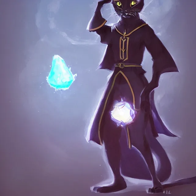 Image similar to black cat tabaxi sorcerer wearing robes holding a glowing crystal, character concept art, oil painting, artstation