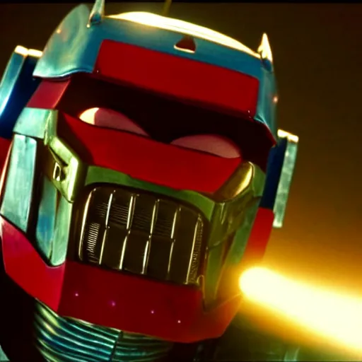 Image similar to mr. bean as optimus prime from the transformers movie. movie still. cinematic lighting.