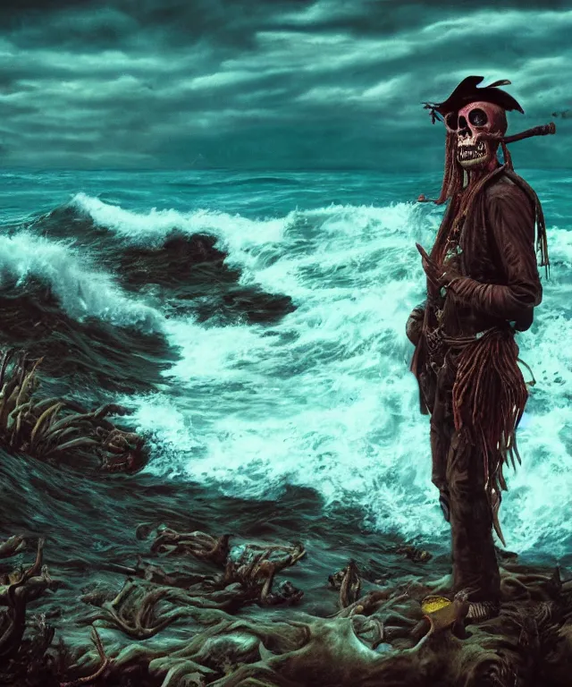 Prompt: ultra realistic color photo of an undead pirate with the ocean in the background on a tropical shore, dark, painted, brooding, atmospheric, seascape, lovecraft, horror, smooth, epic, highly detailed, cinematic, annie lebowitz