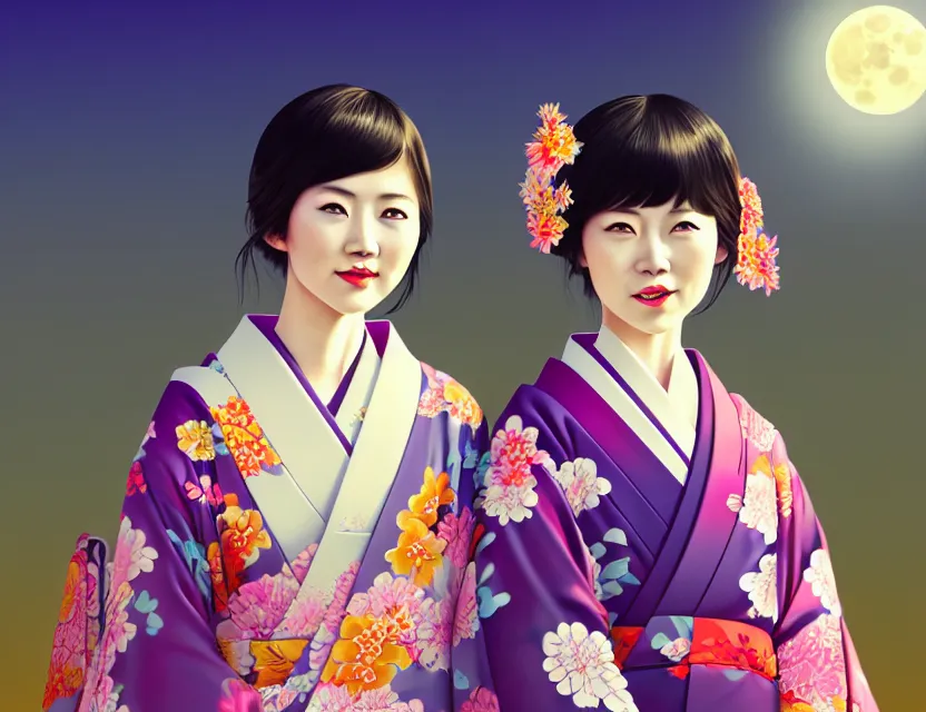 Image similar to two beautiful charming japan girls wear arty kimono in festival | | sunny night, full moon, dreamlike art, realistic shaded, smile, good looking, hyper details, 4 k realistic, cryengine, realistic shaded lighting poster by ilya kuvshinov, fuji choko, ross tran, 8 k resolution, trending on artstation, luxury