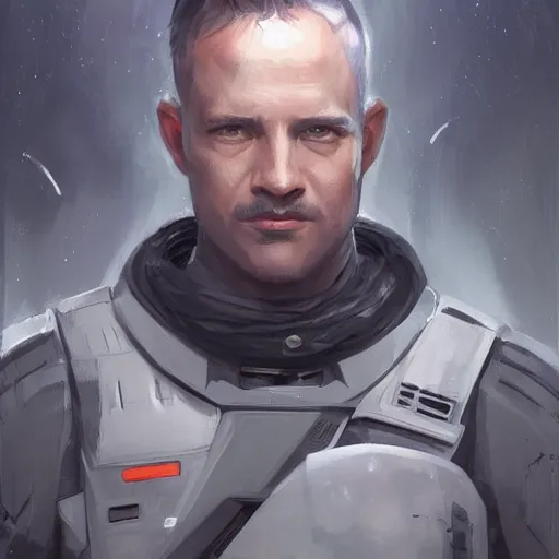 Prompt: portrait of a man by greg rutkowski, a soldier of the galactic dominion, wearing a gray and purple tactical gear, star wars expanded universe, highly detailed portrait, digital painting, artstation, concept art, smooth, sharp foccus ilustration, artstation hq