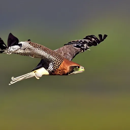 Image similar to falcon with the face of a frog flying in the sky with clouds