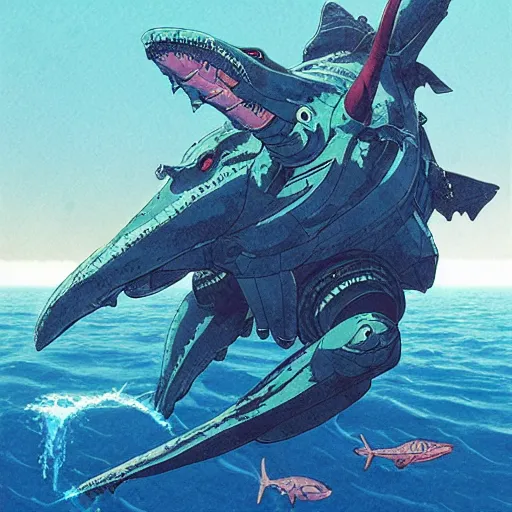 Image similar to aquatic gundam with a shark face, amphibious mobile suit by wayne barlowe, pascal blanche, victo ngai