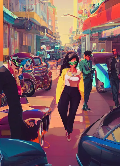 Image similar to latino - futurist latinos, zoot suits and lowriders, fashionable, driving the metaverse | hyperrealistic oil painting | by makoto shinkai, ilya kuvshinov, lois van baarle, rossdraws | afrofuturism, in the style of boondocks, trending on artstation | dark color scheme