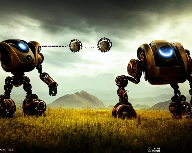 Image similar to two giand futuristic Sci-Fi robot fighting each other, landscape, steampunk, gears, close up, cloudy, mountains on background, peaceful day