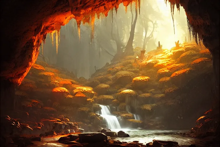 Prompt: 1 1 1 1 cave entrance surrounded by trees with a small water stream coming out of it, dark orange subtle glow, fantasy, highly detailed, art by greg rutkowski
