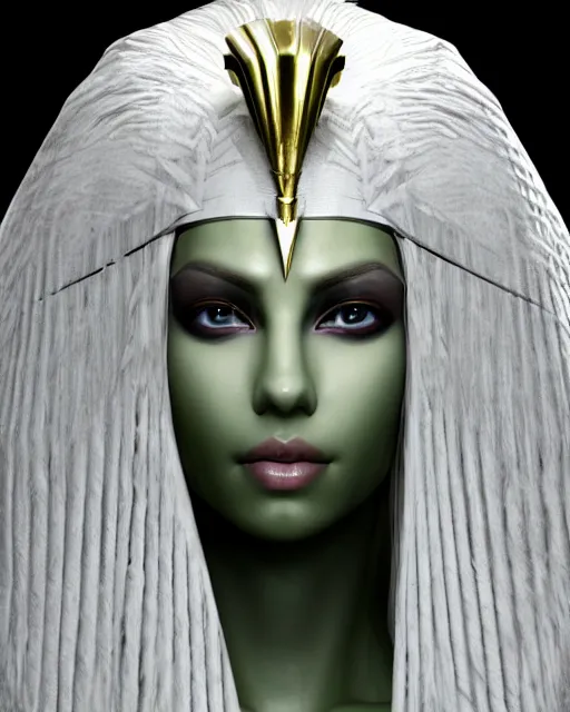 Image similar to perfect white haired attractive egyptian goddess, warframe armor, pharaoh headdress, beautiful, symmetric, dreamy, half asian, pretty face, green eyes, charlize theron, detailed, scifi platform, laboratory, experiment, 4 k, ultra realistic, epic lighting, android body, illuminated, cinematic, masterpiece, art by akihito tsukushi, voidstar