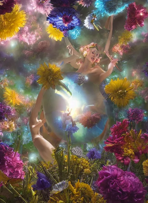 Image similar to An epic fantastic realism comic book style painting of the most beautiful flowers launched into space, perfect shiny silver iridescent spheres, bouquets, fisheye lens, unreal 5, DAZ, hyperrealistic, octane render, dynamic lighting