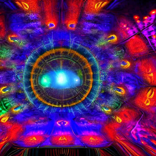 Image similar to underground cinema, psychedelic, colorfull lights, fractals, godrays