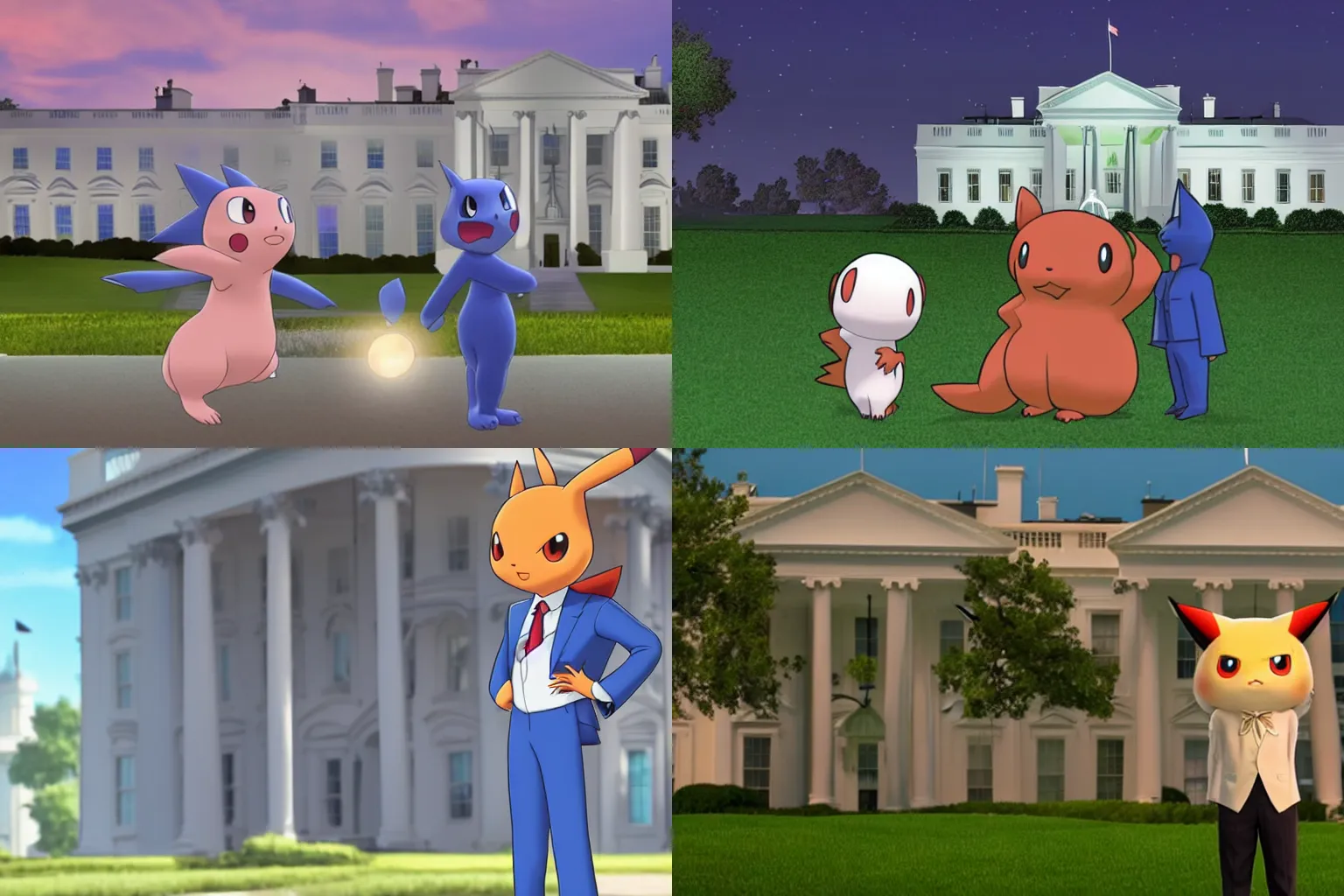 Prompt: nighttime shot of president mew from pokemon wearing double breasted suit standing in front of white house looking at camera high resolution pixar