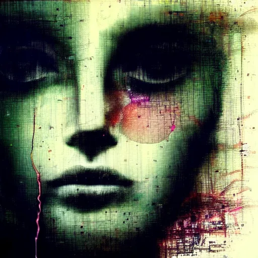 Image similar to portrait of a youthful beautiful women, mysterious, glitch effects over the eyes, fading, by Guy Denning, by Johannes Itten, by Russ Mills, centered, glitch art, clear skin, hacking effects, chromatic, cyberpunk, color blocking, digital art, concept art, abstract