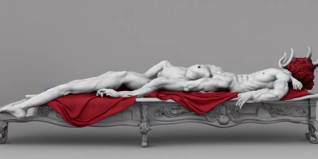 Image similar to baroque delicate full-body marble sculpture of reclining handsome horned teenage demon-boy laying back on a bed while checking notifications on a phone, red silk flowing fabric, marble white columns, Trending on artstation, octane render, cinematic, hyper realism, octane render, 8k, depth of field