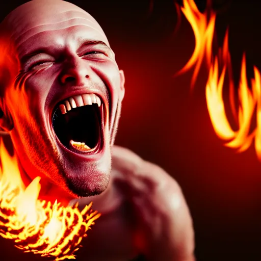 Prompt: photograph of a maniacally laughing man with a burned head begging for food, 8k resolution, high detail, ULTRA REALISTIC VFX, reflections