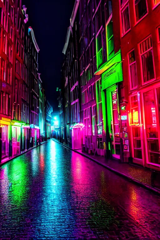 Prompt: neon streets of amsterdam, 4 k, award winning photo, cyberpunk style