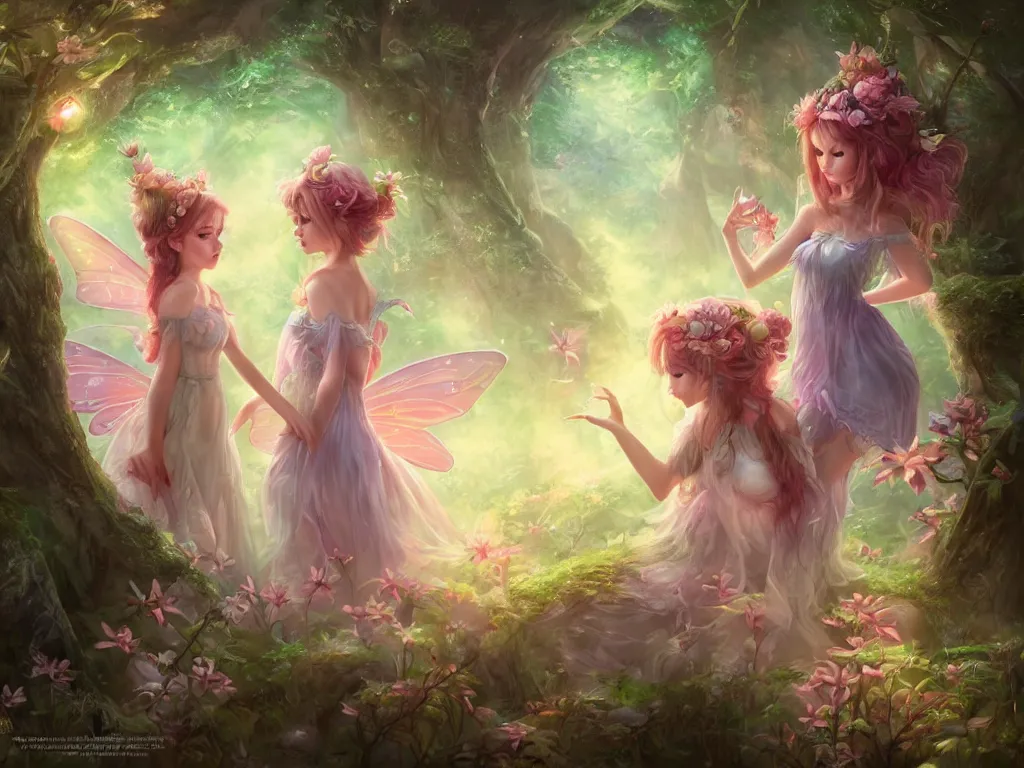 Image similar to two cute fairy in the dreamy forest, fantasy, dreamlike, 8 k resolution, hyper detailed, d & d, character design, digital painting, trending on artstation, sharp focus, illustration, art by artgerm, viktoria gavrilenko, hoang lap, fuji choko, steve zheng