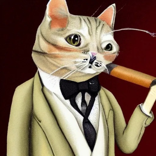 Prompt: an antropomorphic cat wearing a suit smoking a cigar,,
