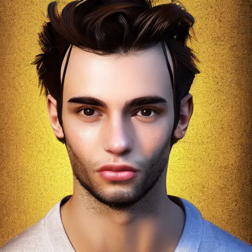 Prompt: a cute, tall, clean-shaven, 24-year-old European-Colombian man, brown eyes, messy short frizzy brown hair, round cheeks, triangular nose, friendly, portrait, digital matte painting, trending on artstation, cinematic lighting, dramatic, photorealistic