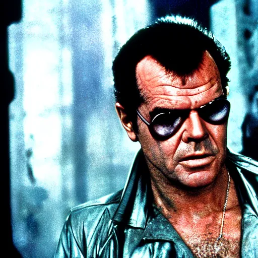 Prompt: 30 year old Jack Nicholson as Rick Deckard on blade runner 1982, movie still, in color, movie frame, detailed face, symmetrical face, 4k,