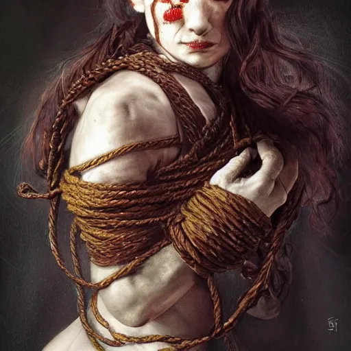 Prompt: portrait of a Shibari rope wrapped face and neck, headshot, insanely nice professional hair style, dramatic hair color, digital painting, of a old 15th century, old cyborg merchant, amber jewels, baroque, ornate clothing, scifi, realistic, hyper detailed, chiaroscuro, concept art, art by Franz Hals and Jon Foster and Ayami Kojima and Amano and Karol Bak,