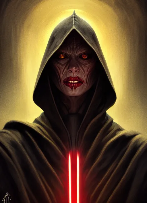 Prompt: portrait of a human evil sith-lord, human face, evil yellow eyes, enraged, angry, dark evil robes, intricate, elegant, highly detailed, digital painting, artstation, concept art, smooth, sharp focus, illustration, art by artgerm and greg rutkowski and alphonse mucha, 4k