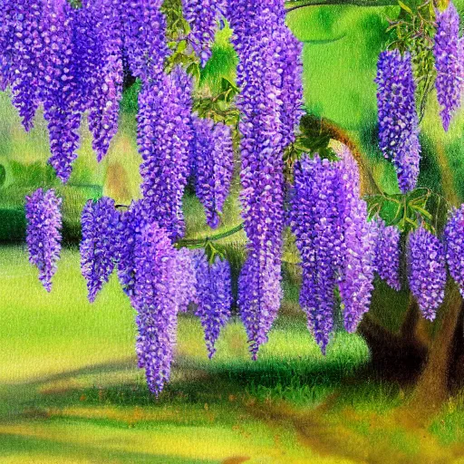 Prompt: a painting of wisteria flowers by v-ray enigne.