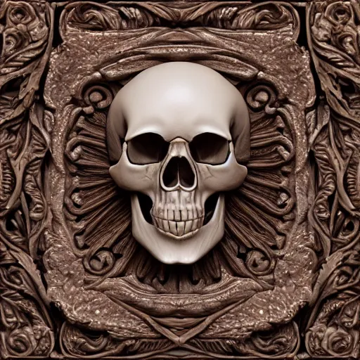 Prompt: hyper realistic photography of renaissance skull ornament relief leaves, cinematic, symmetric, artstation, cgsociety