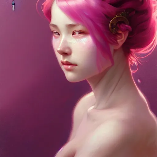 Image similar to Portrait of a eurasian girl with pink hair, glowing skin, fantasy, intricate, elegant, highly detailed, digital painting, artstation, concept art, smooth, sharp focus, illustration, art by Krenz Cushart and Artem Demura and alphonse mucha