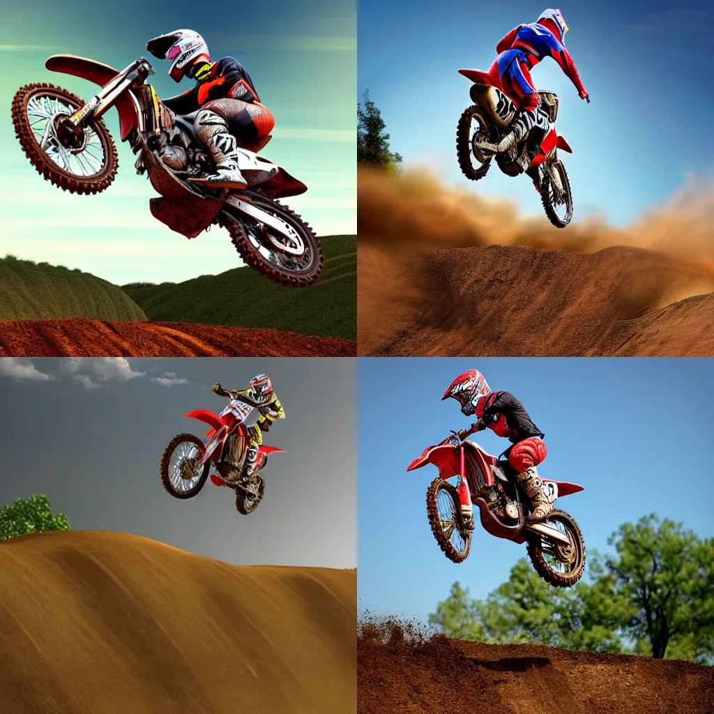 Prompt: photo of a motocross bike jumping a hill, realistic, 8k